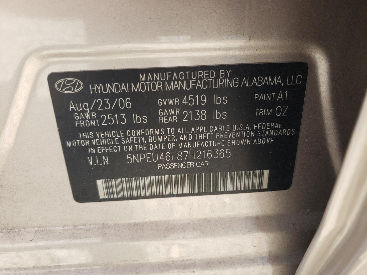 5NPEU46F87H216365 2007 Hyundai Sonata Se