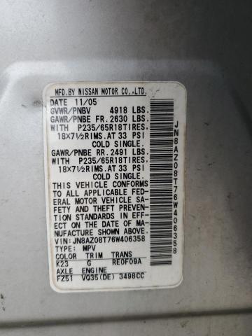 2006 Nissan Murano Sl VIN: JN8AZ08T76W406358 Lot: 55890684