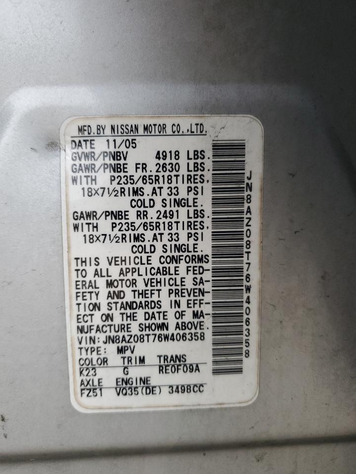 JN8AZ08T76W406358 2006 Nissan Murano Sl