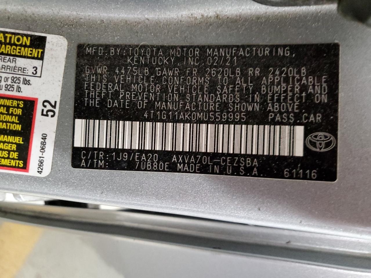 4T1G11AK0MU559995 2021 Toyota Camry Se