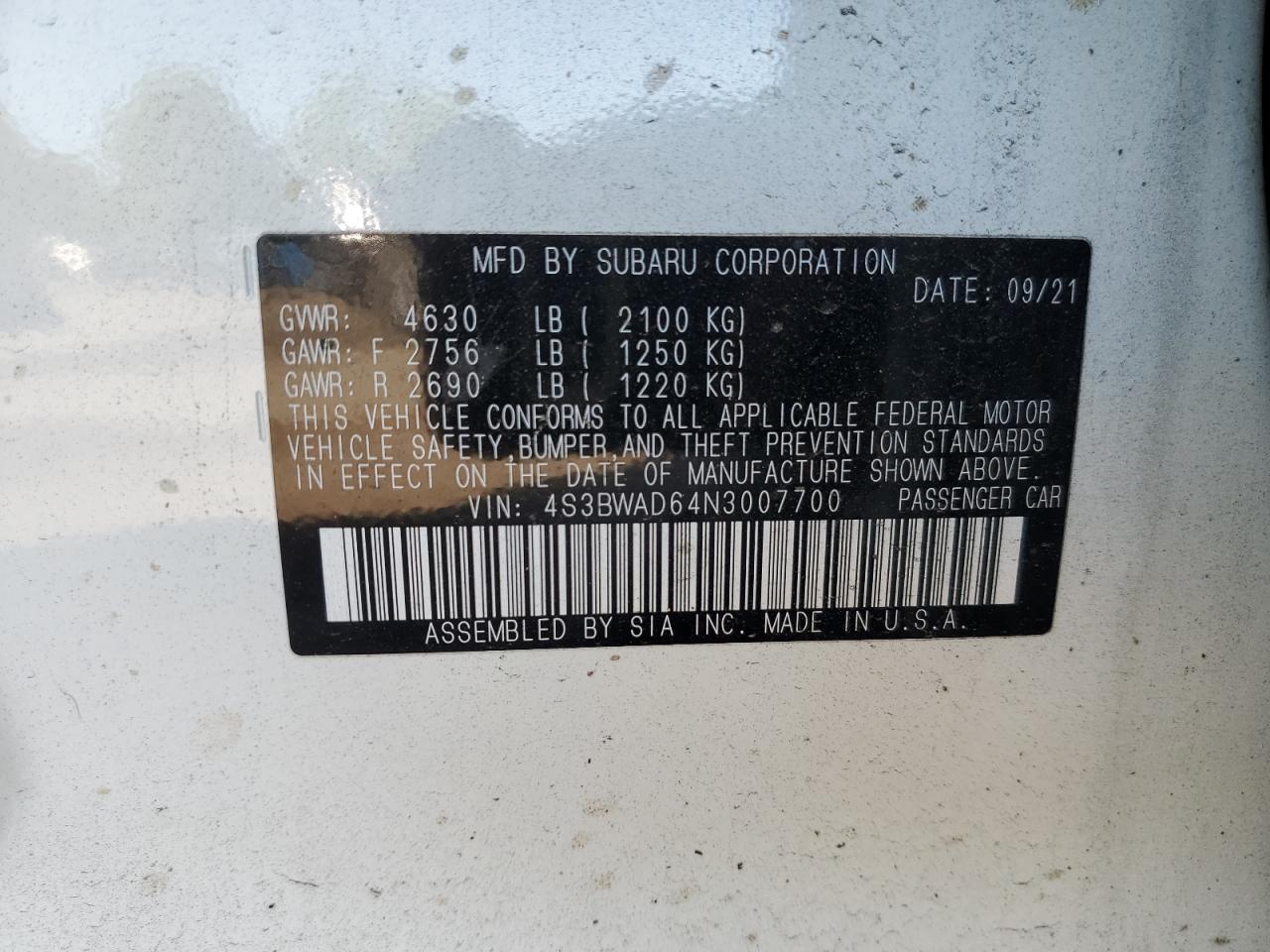 4S3BWAD64N3007700 2022 Subaru Legacy Premium