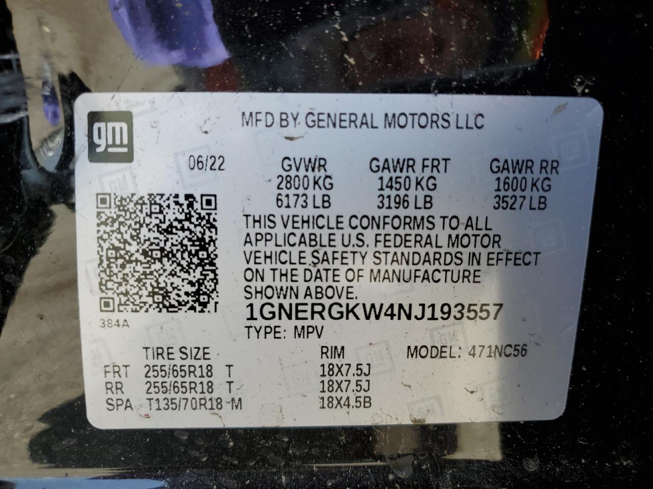 1GNERGKW4NJ193557 2022 Chevrolet Traverse Lt