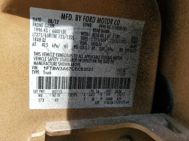 2012 Ford F350 Super Duty VIN: 1FT8W3A67CEC63521 Lot: 55388244