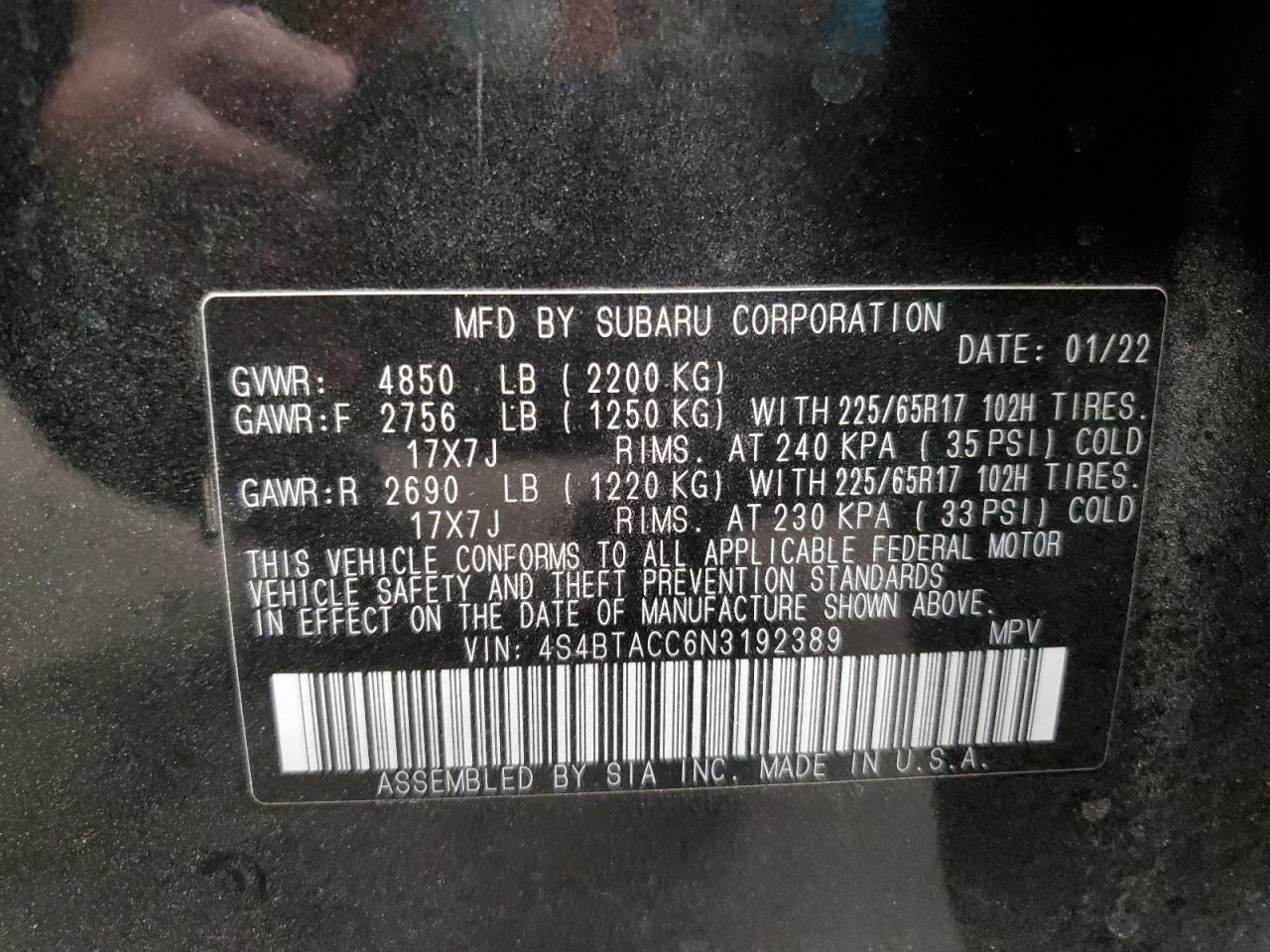 4S4BTACC6N3192389 2022 Subaru Outback Premium