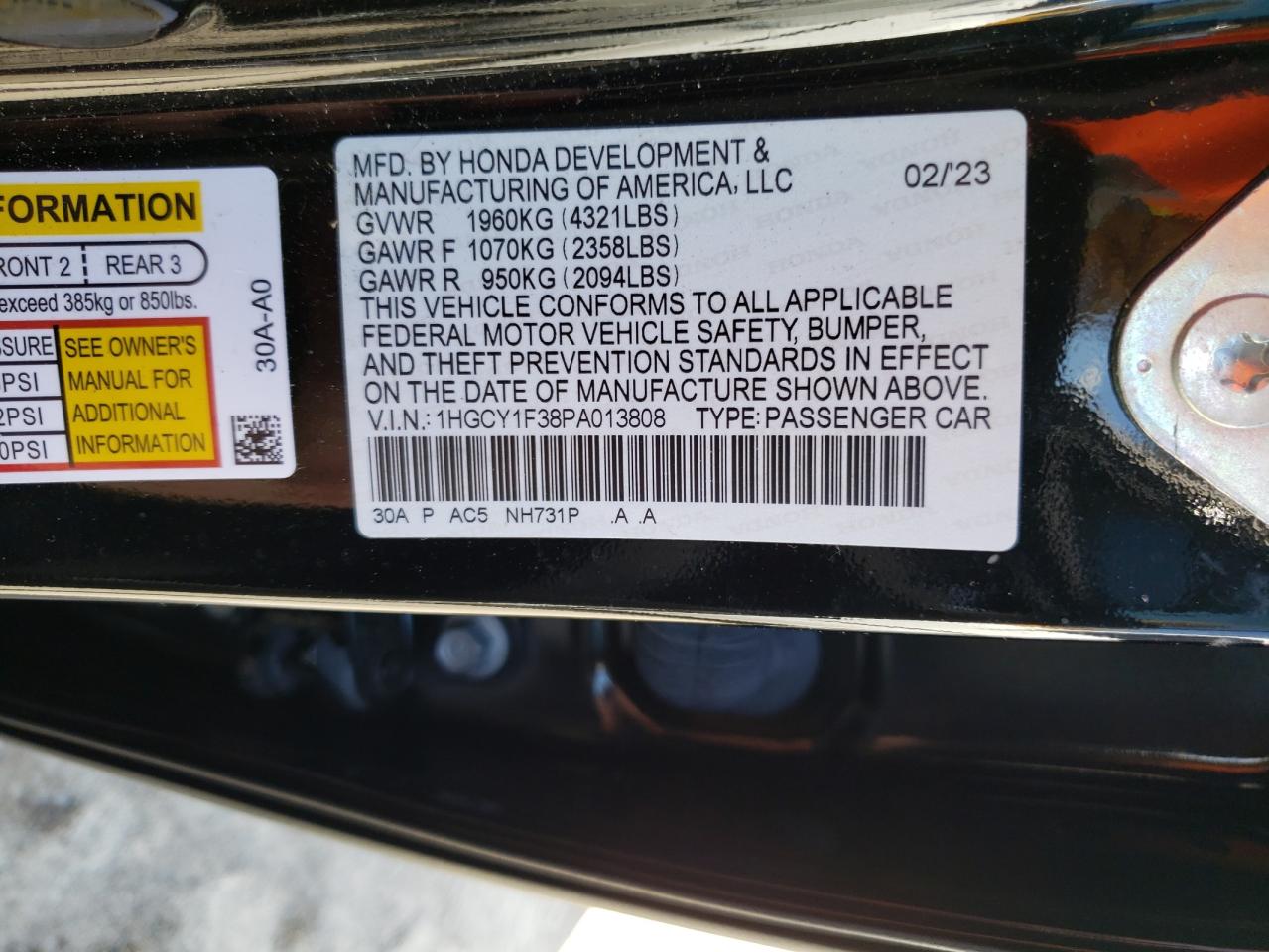 1HGCY1F38PA013808 2023 Honda Accord Ex