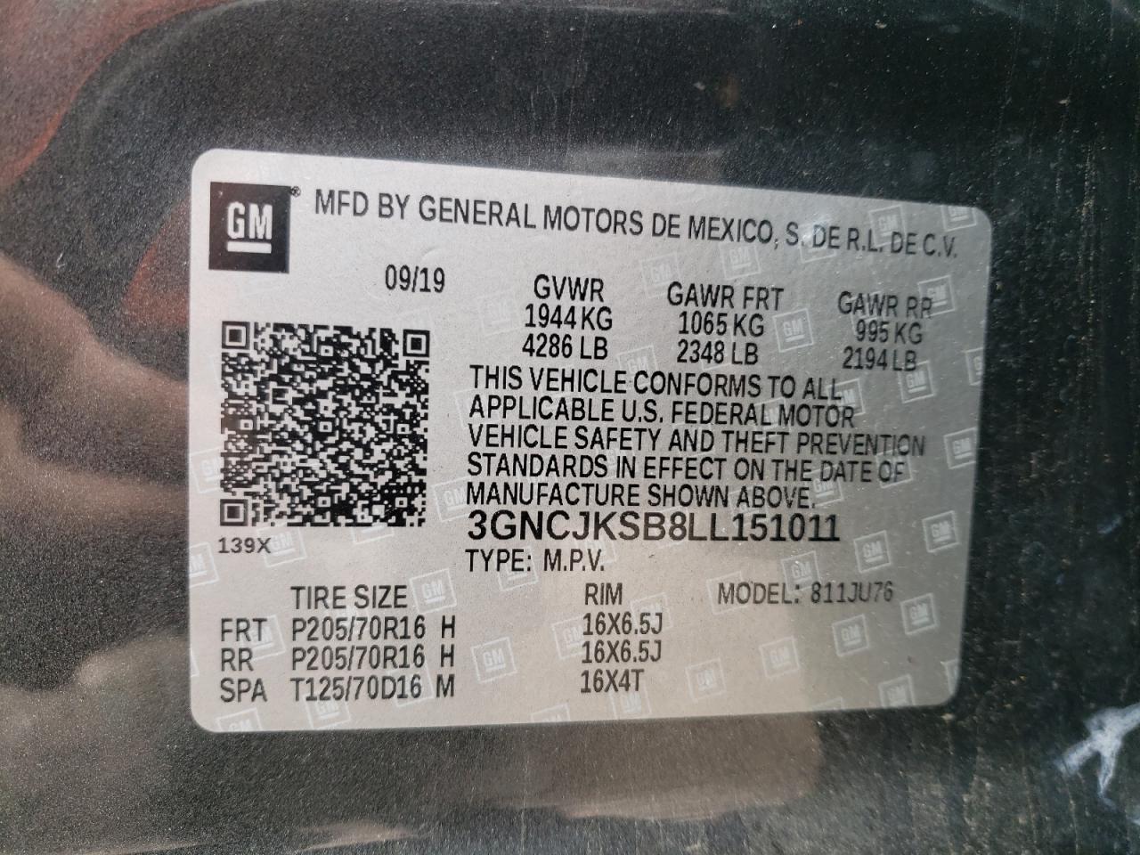 3GNCJKSB8LL151011 2020 Chevrolet Trax Ls