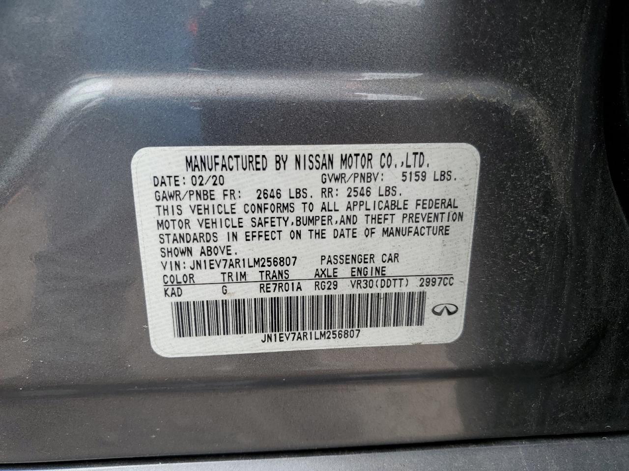 JN1EV7AR1LM256807 2020 Infiniti Q50 Pure