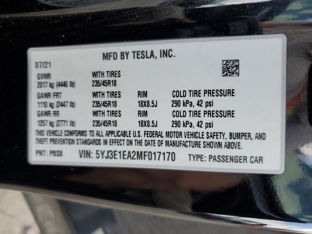 5YJ3E1EA2MF017170 2021 Tesla Model 3