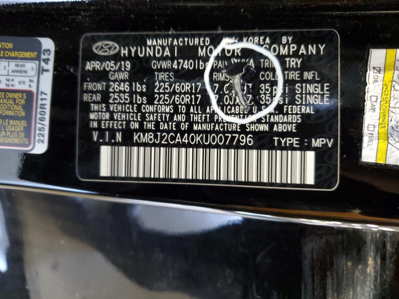 KM8J2CA40KU007796 2019 Hyundai Tucson Se