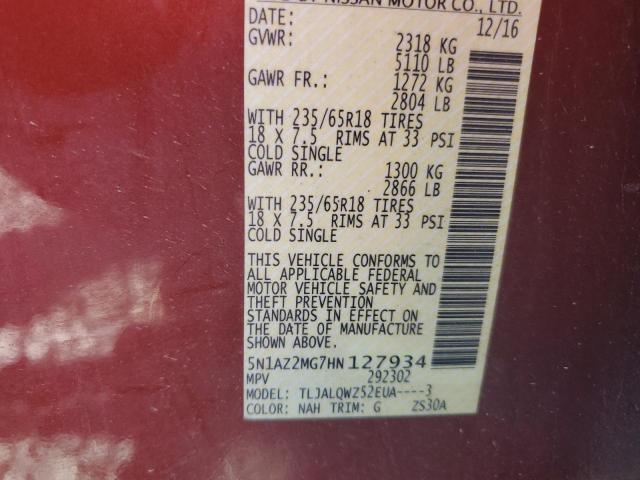 2017 Nissan Murano S VIN: 5N1AZ2MG7HN127934 Lot: 57078814