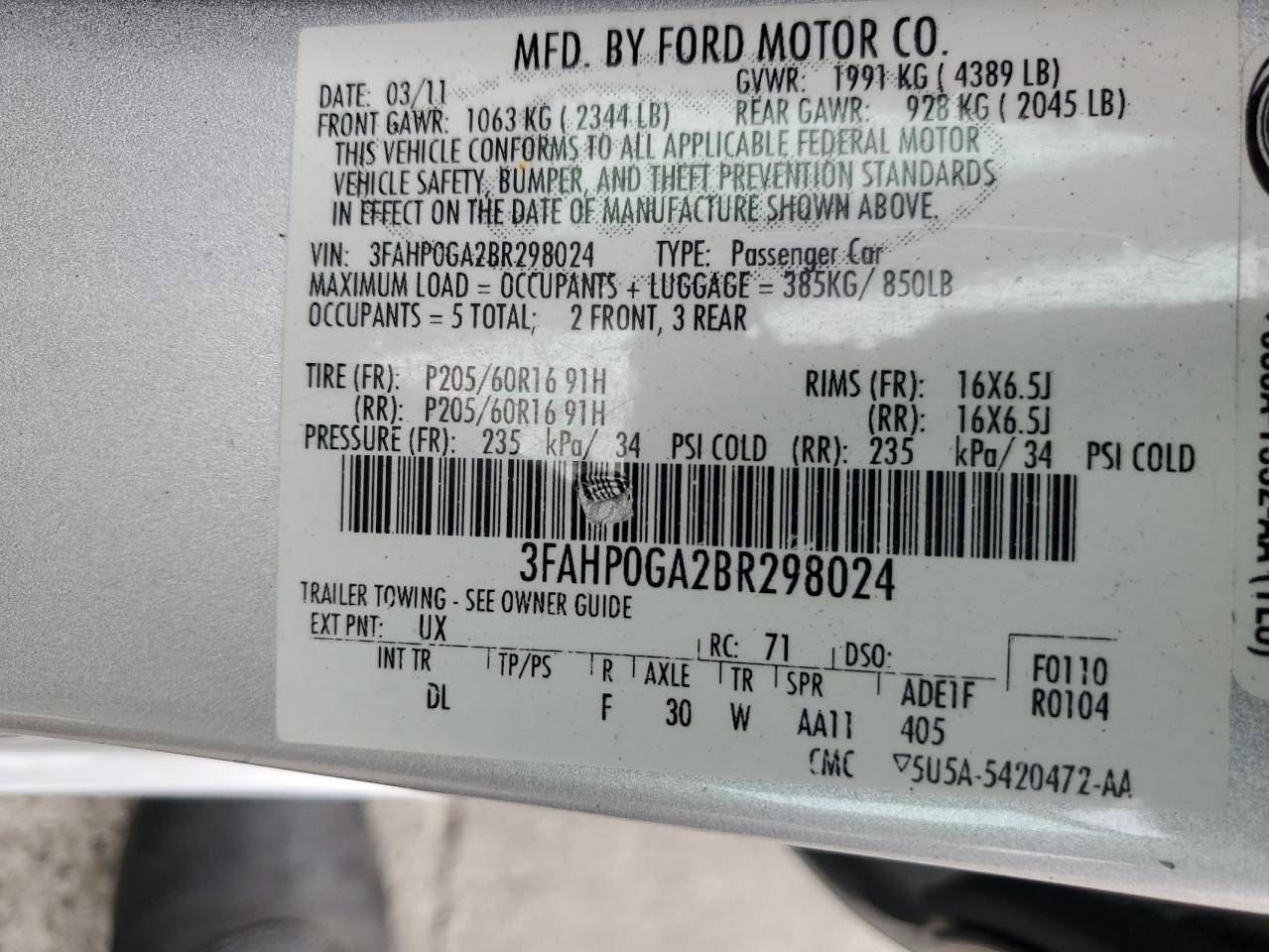 3FAHP0GA2BR298024 2011 Ford Fusion S