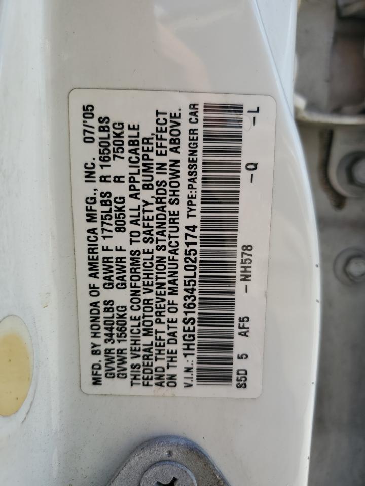 1HGES16345L025174 2005 Honda Civic Dx Vp