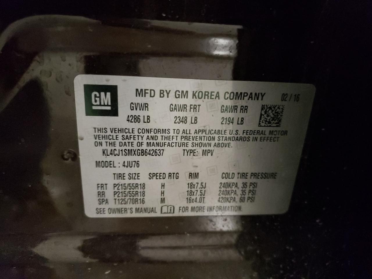 KL4CJ1SMXGB642637 2016 Buick Encore Sport Touring