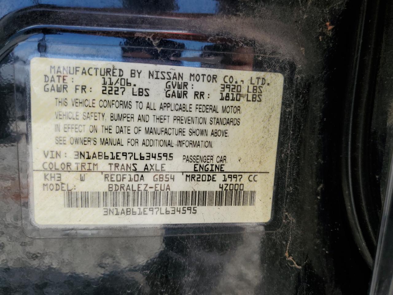 3N1AB61E97L634595 2007 Nissan Sentra 2.0