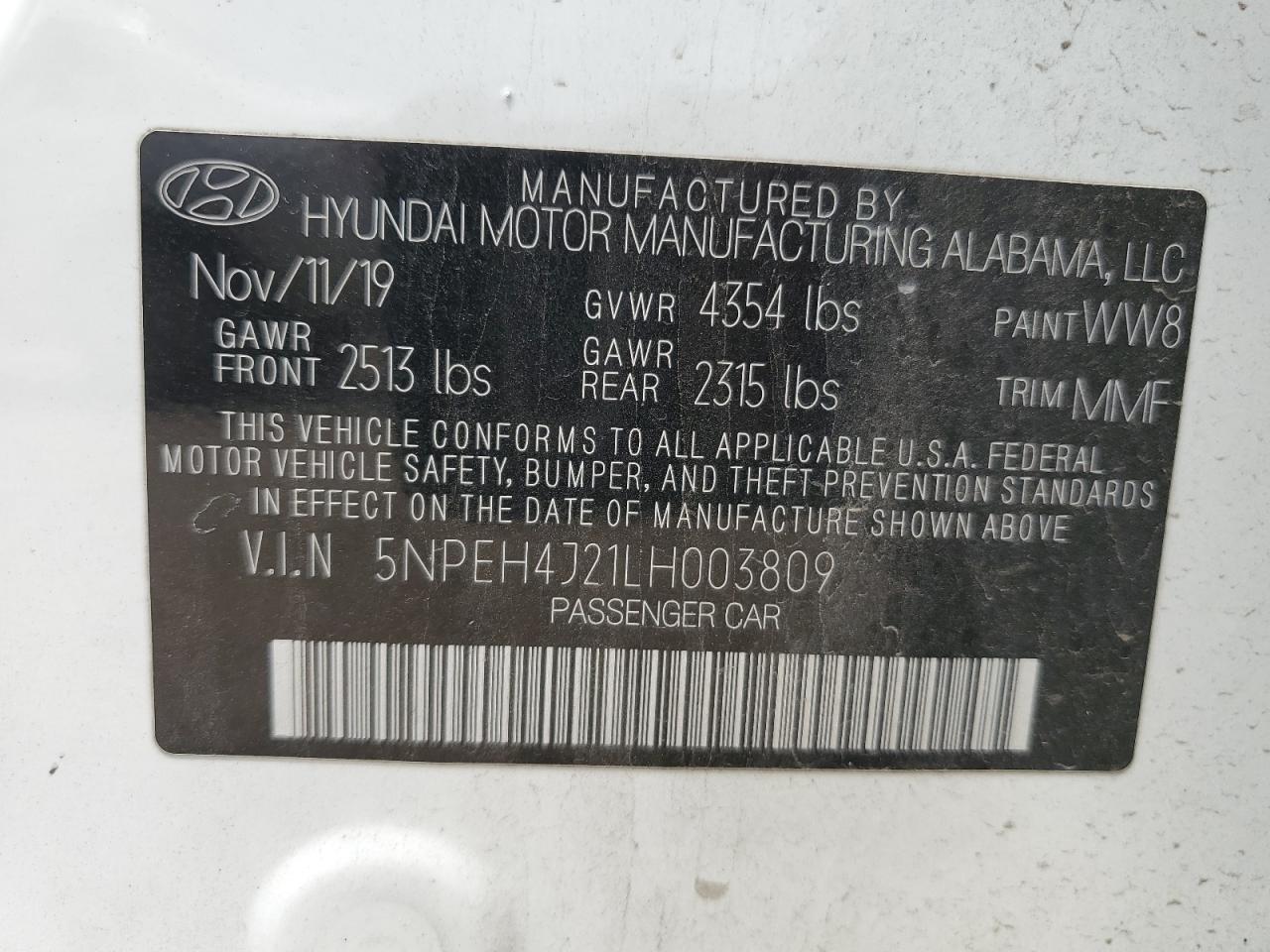 5NPEH4J21LH003809 2020 Hyundai Sonata Limited