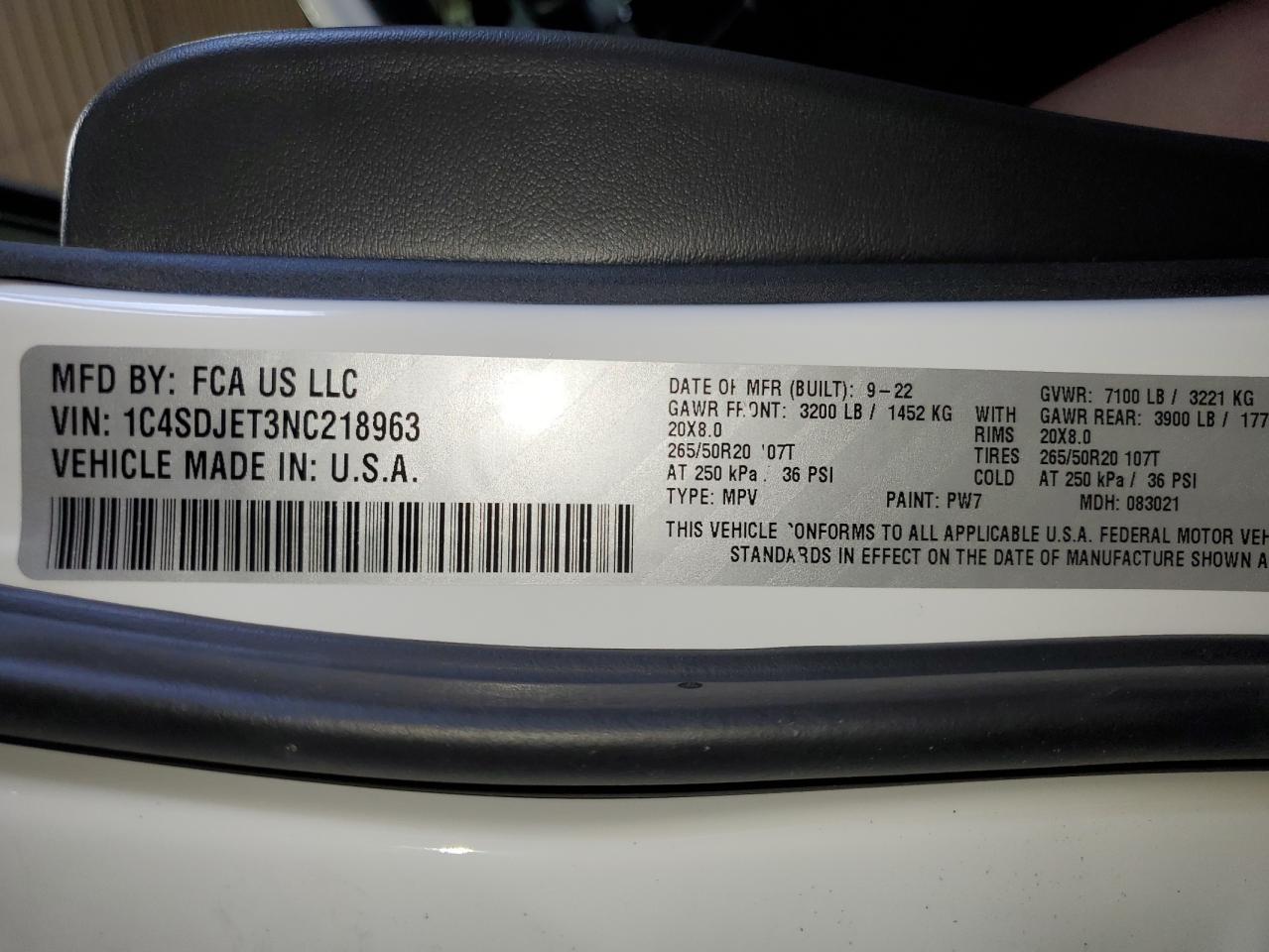 1C4SDJET3NC218963 2022 Dodge Durango Citadel