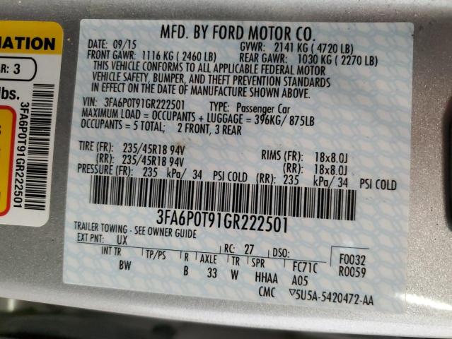 2016 Ford Fusion Se VIN: 3FA6P0T91GR222501 Lot: 53300614