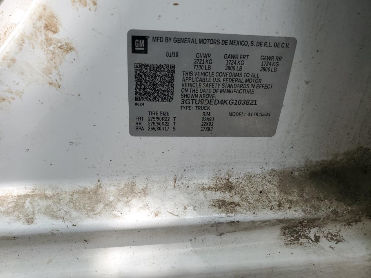 3GTU9DED4KG103821 2019 GMC Sierra K1500 Slt