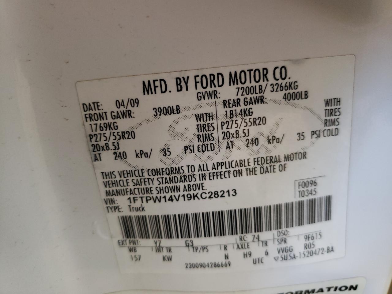 1FTPW14V19KC28213 2009 Ford F150 Supercrew