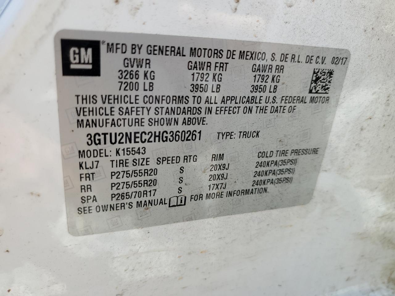 3GTU2NEC2HG360261 2017 GMC Sierra K1500 Slt