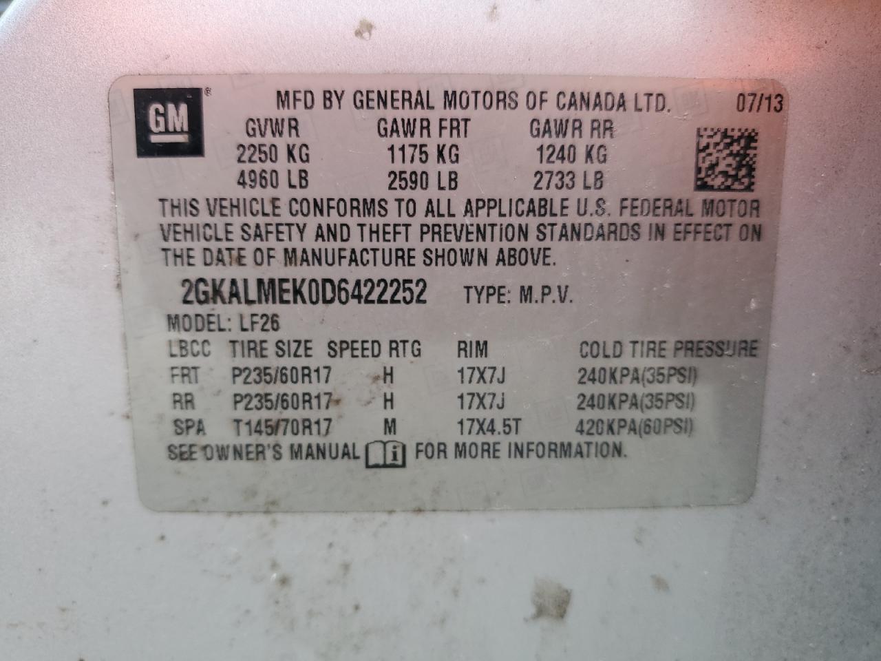 2GKALMEK0D6422252 2013 GMC Terrain Sle