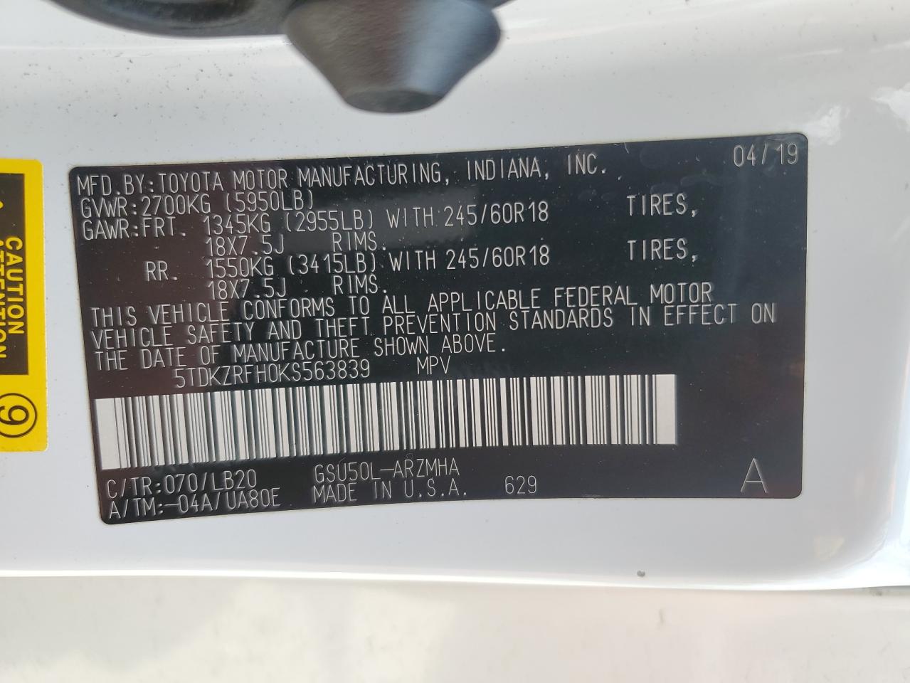 5TDKZRFH0KS563839 2019 Toyota Highlander Se