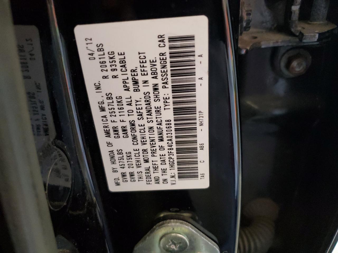 1HGCP3F84CA030688 2012 Honda Accord Exl