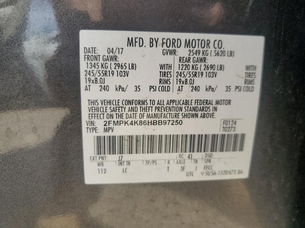2FMPK4K86HBB97250 2017 Ford Edge Titanium