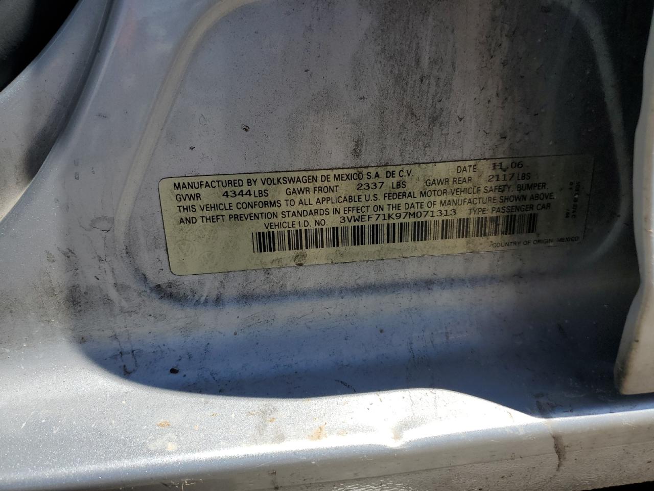 3VWEF71K97M071313 2007 Volkswagen Jetta Wolfsburg