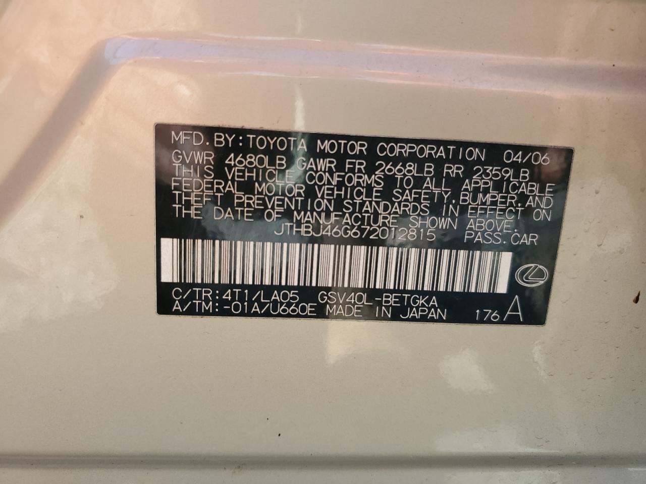 JTHBJ46G672012815 2007 Lexus Es 350