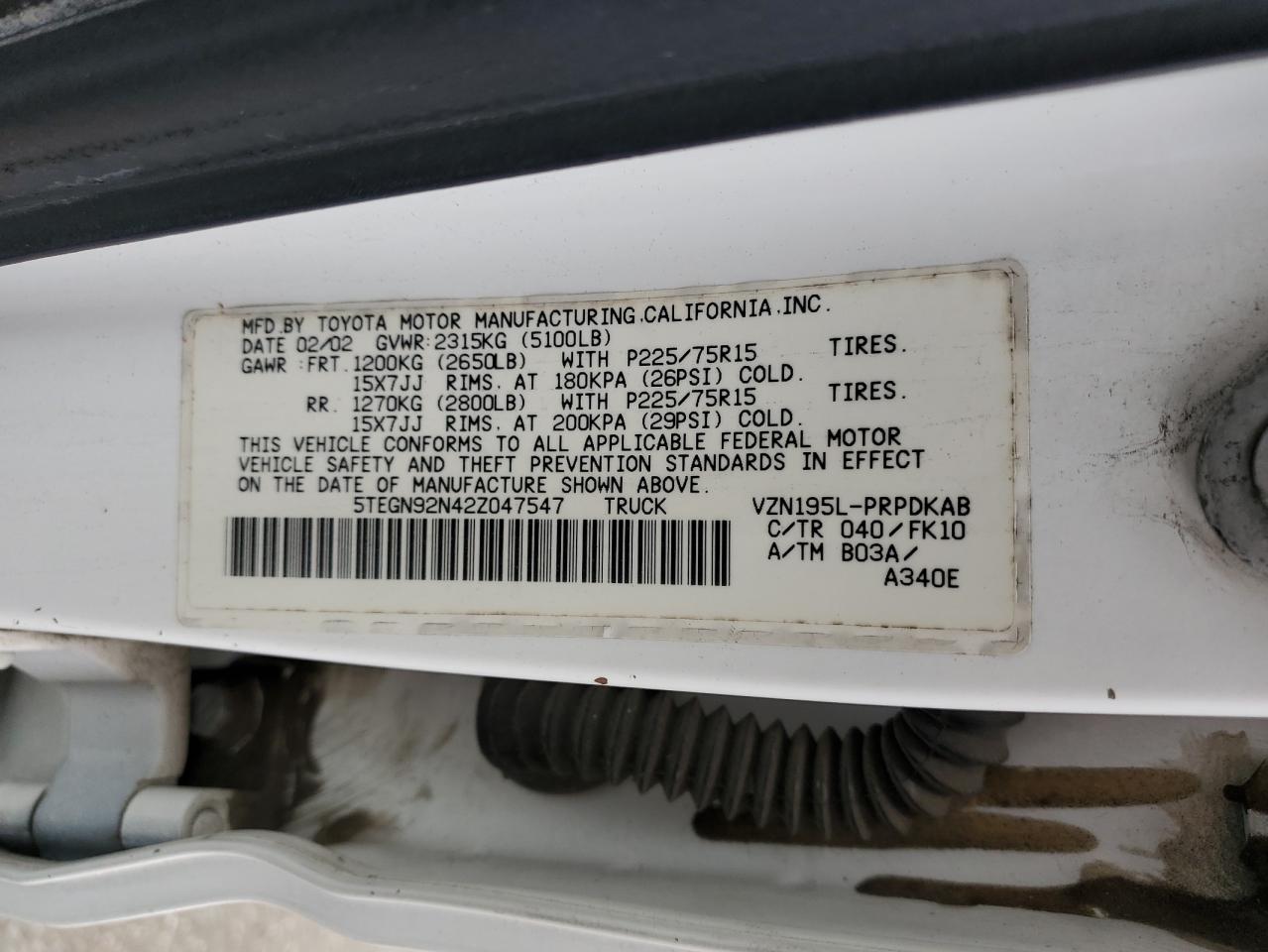 5TEGN92N42Z047547 2002 Toyota Tacoma Double Cab Prerunner