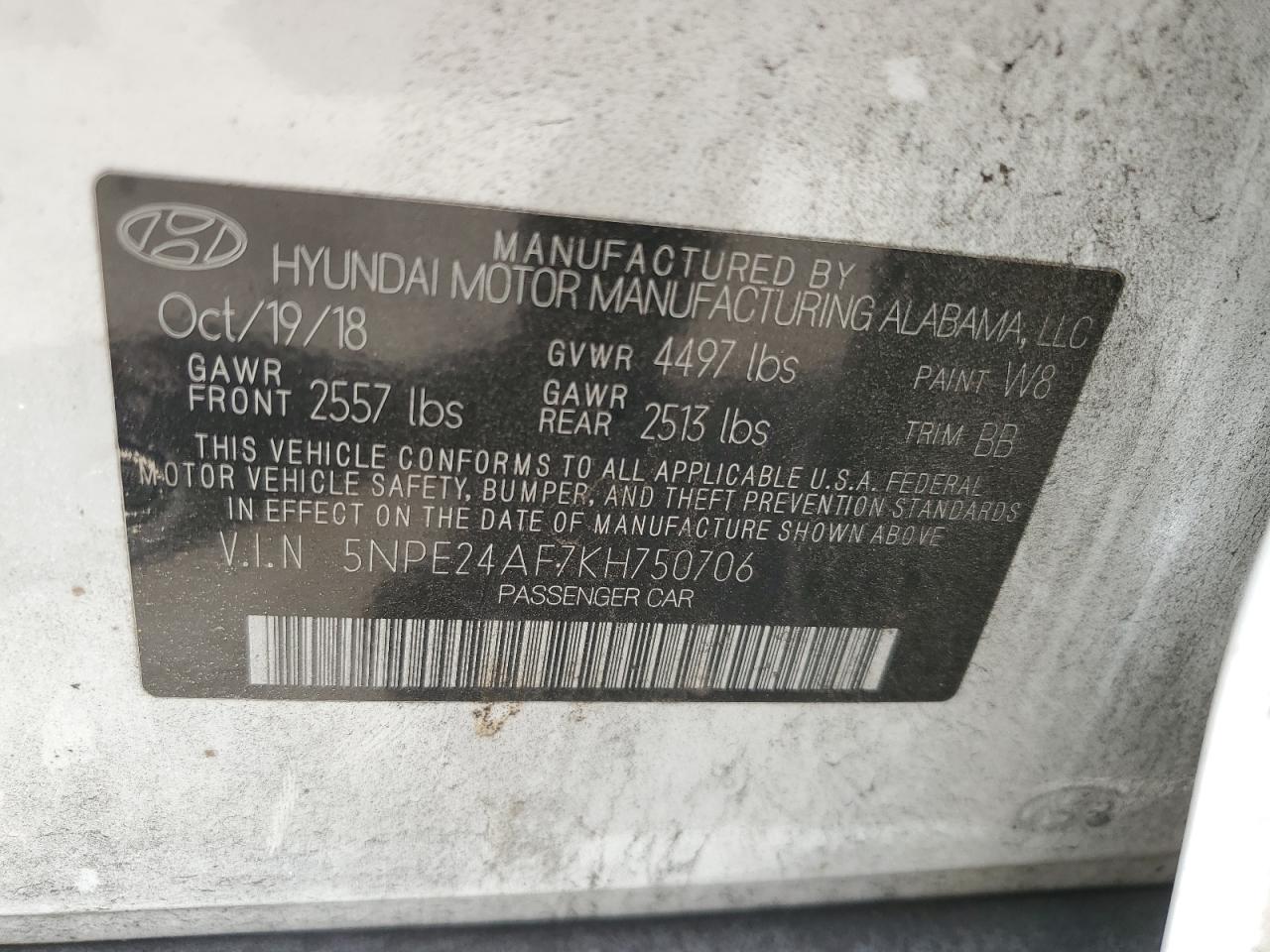 5NPE24AF7KH750706 2019 Hyundai Sonata Se