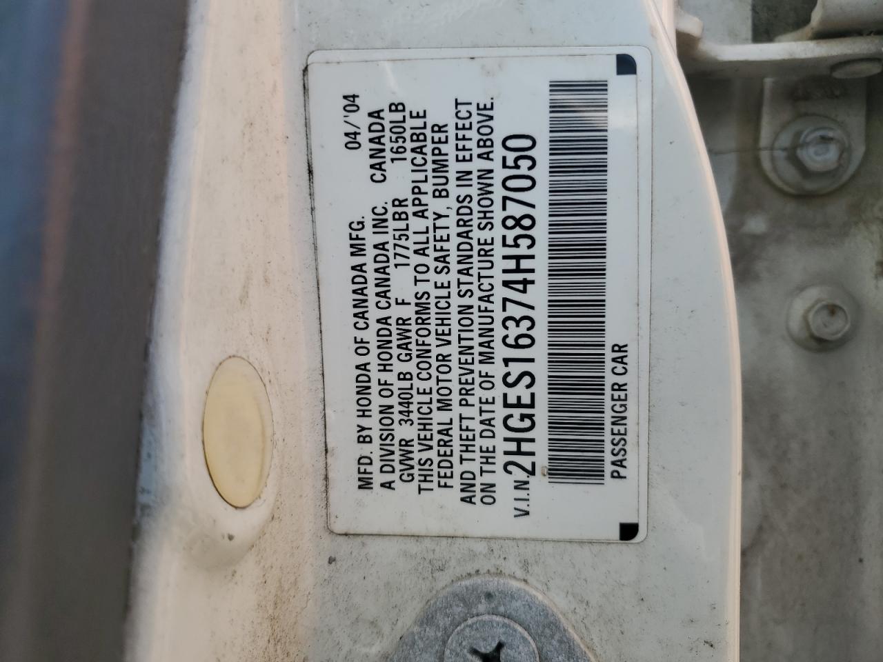 2HGES16374H587050 2004 Honda Civic Dx Vp