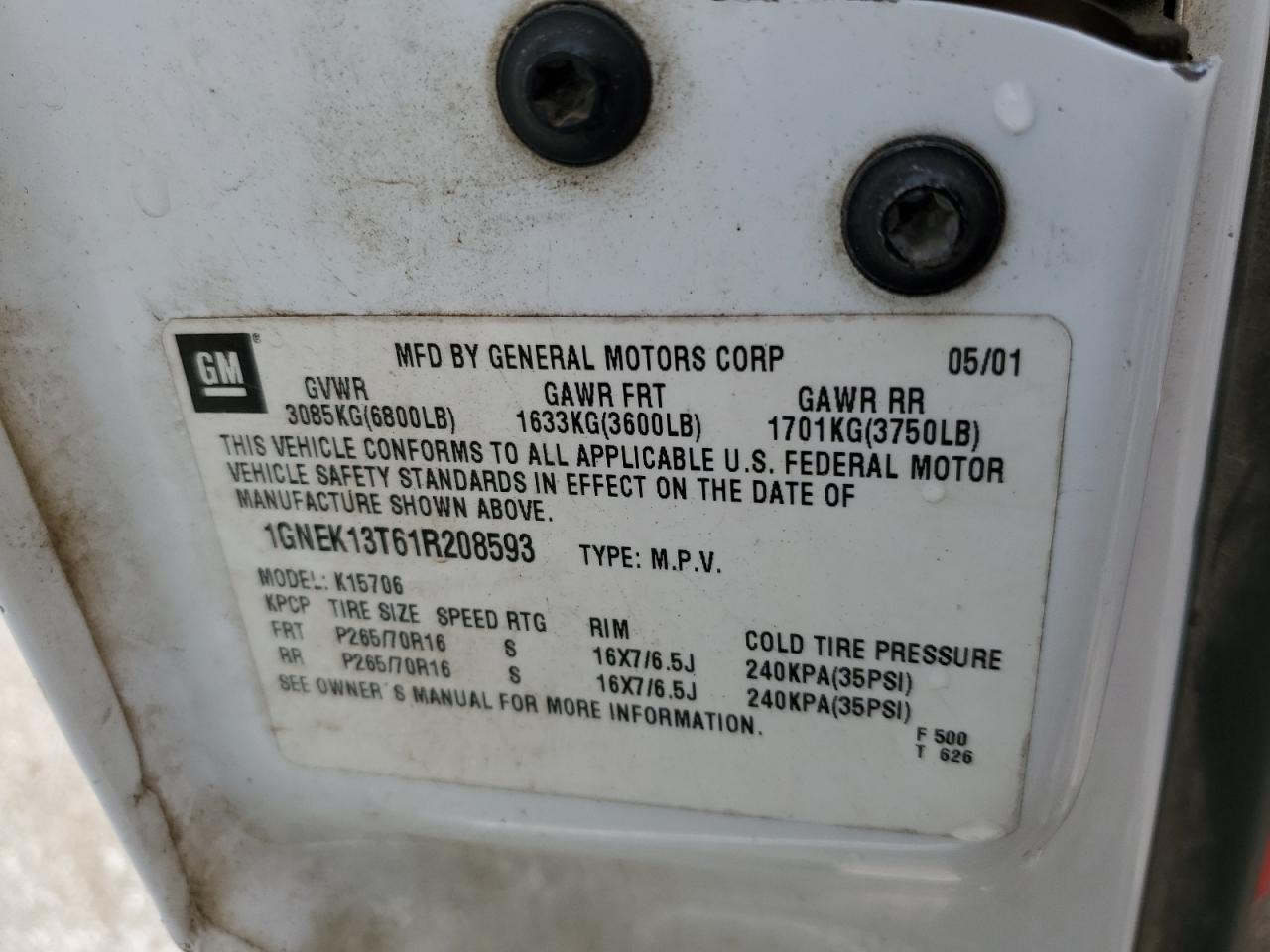 1GNEK13T61R208593 2001 Chevrolet Tahoe K1500