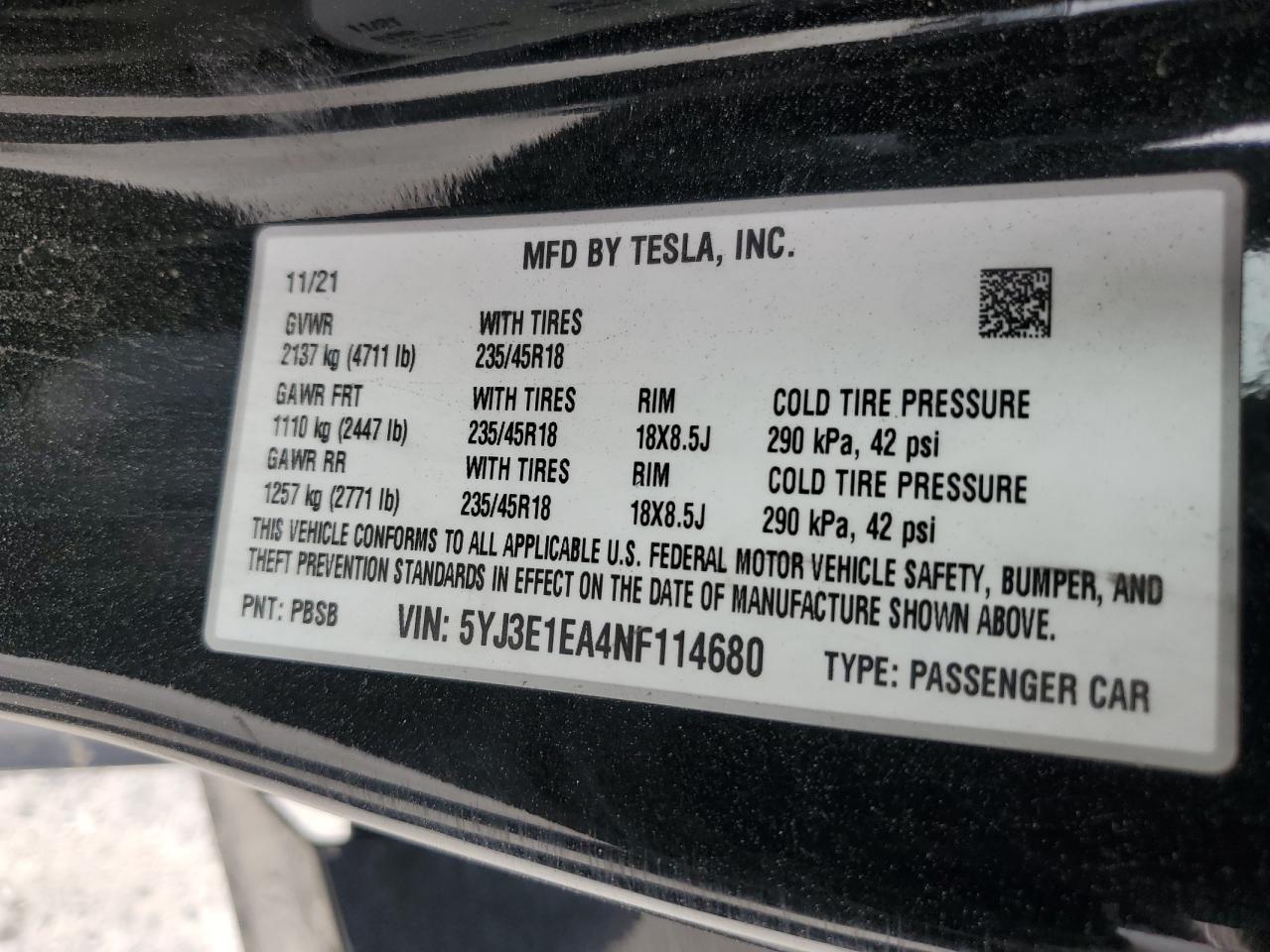 5YJ3E1EA4NF114680 2022 Tesla Model 3