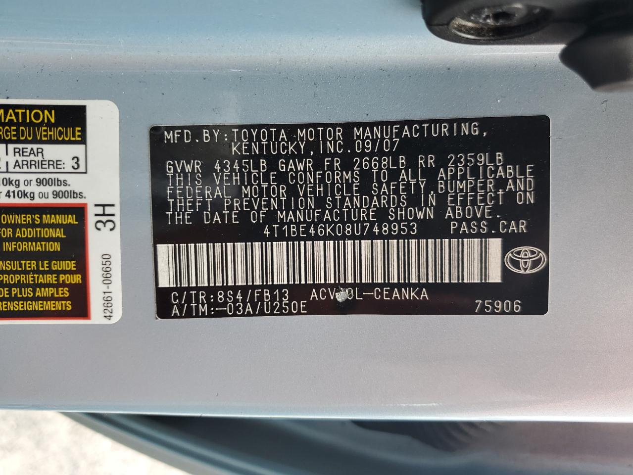 4T1BE46K08U748953 2008 Toyota Camry Ce