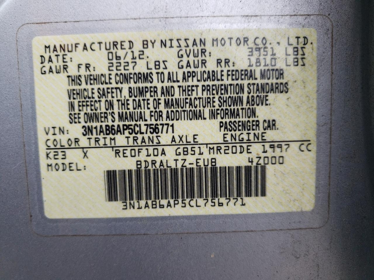 3N1AB6AP5CL756771 2012 Nissan Sentra 2.0