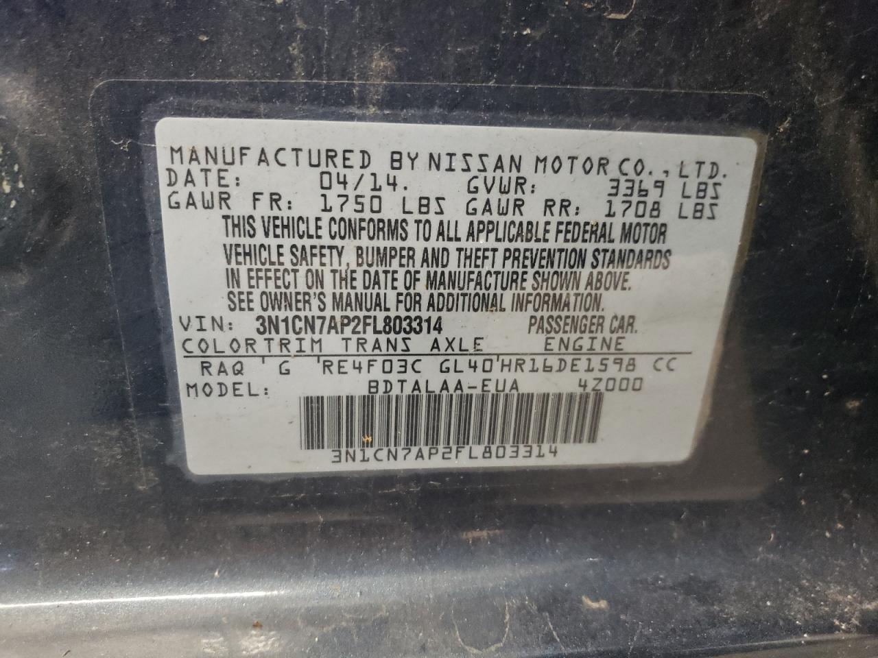 3N1CN7AP2FL803314 2015 Nissan Versa S