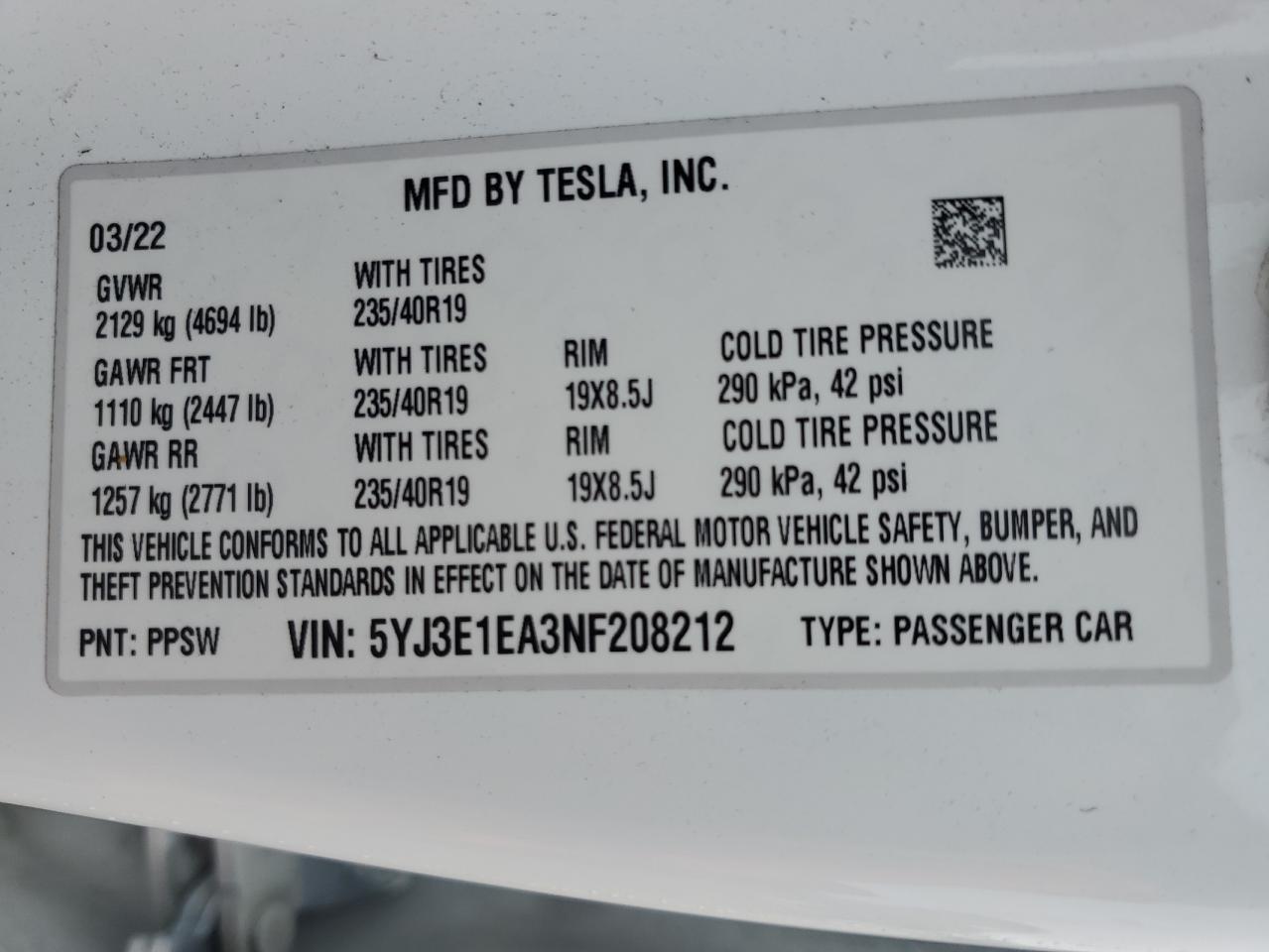 5YJ3E1EA3NF208212 2022 Tesla Model 3