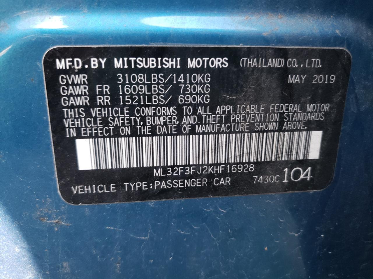 ML32F3FJ2KHF16928 2019 Mitsubishi Mirage G4 Es