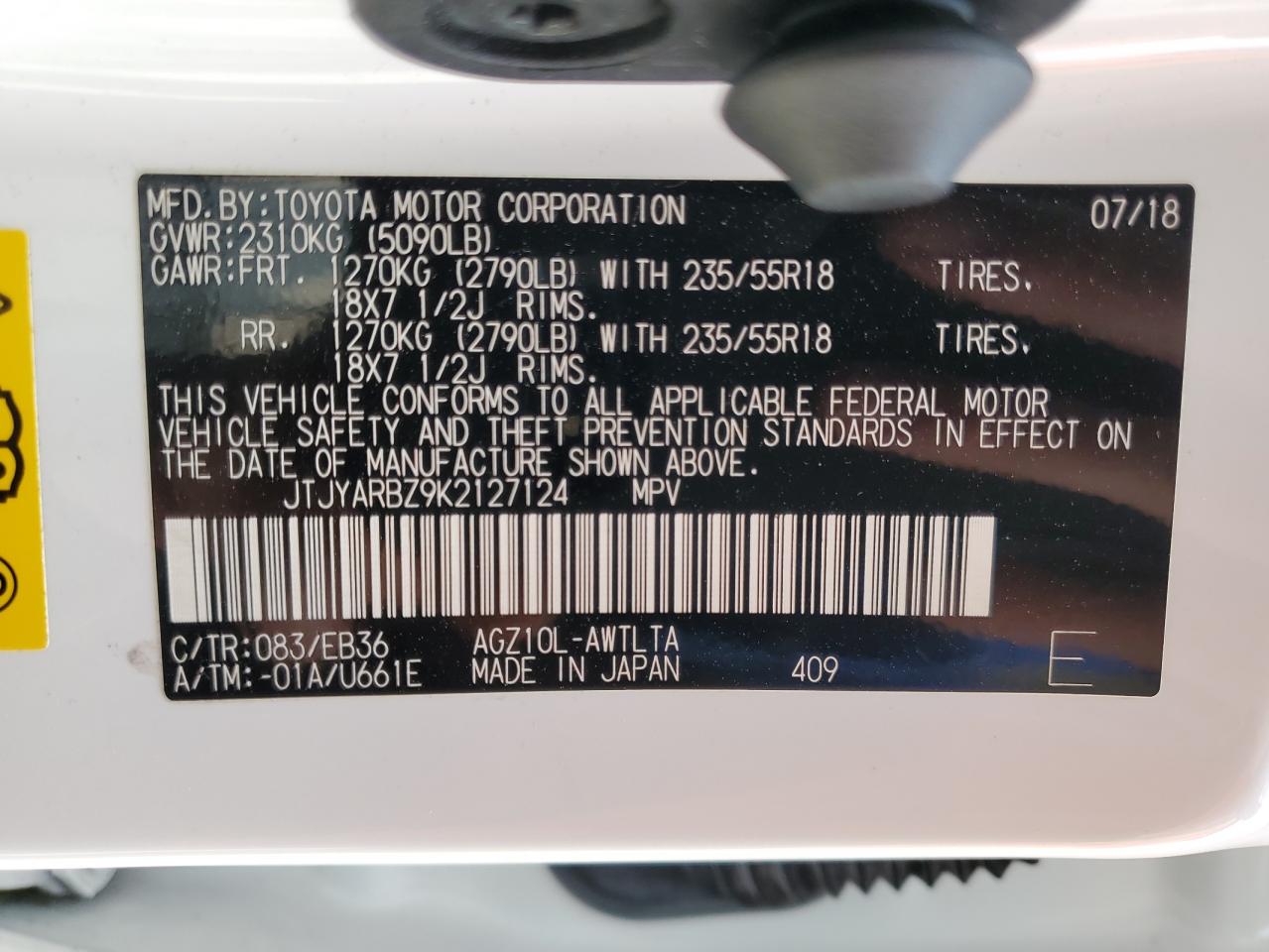 JTJYARBZ9K2127124 2019 Lexus Nx 300 Base