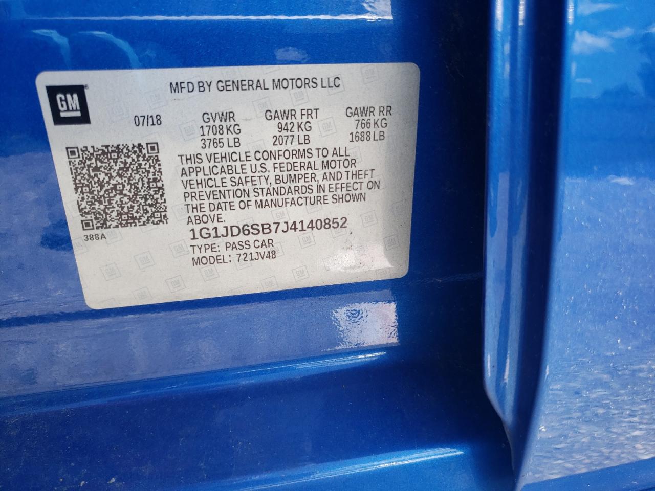 1G1JD6SB7J4140852 2018 Chevrolet Sonic Lt