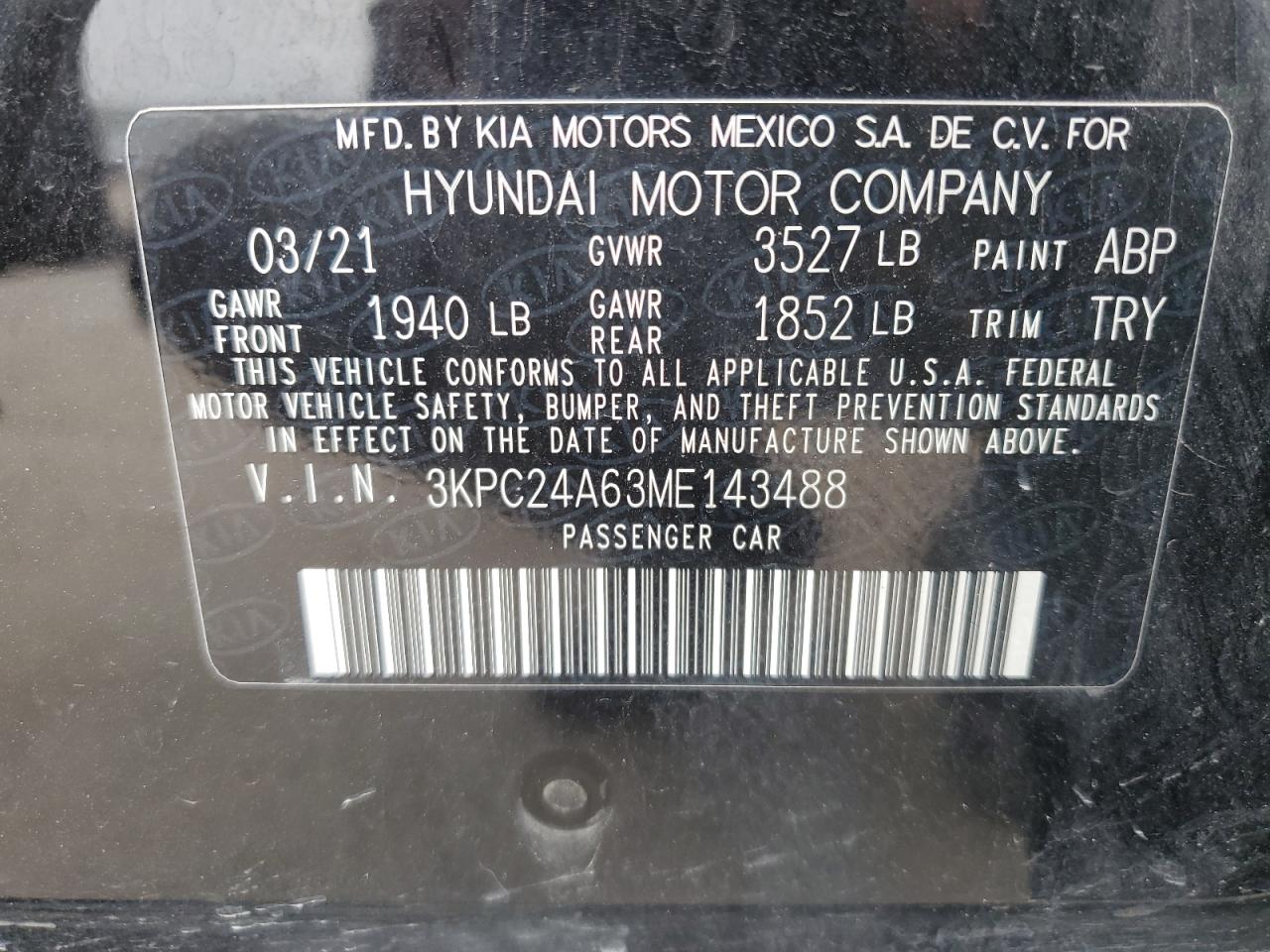 3KPC24A63ME143488 2021 Hyundai Accent Se