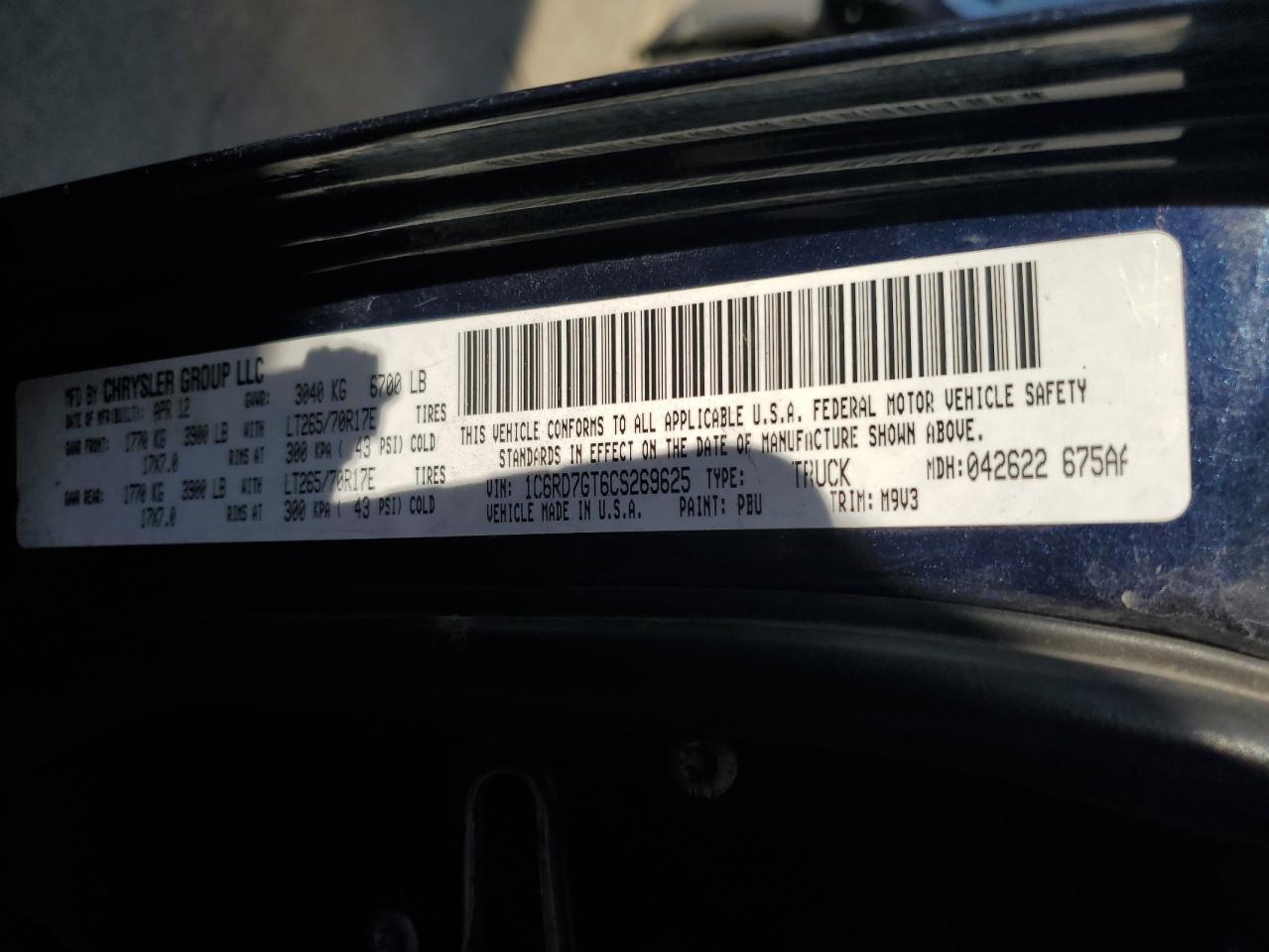 1C6RD7GT6CS269625 2012 Dodge Ram 1500 Slt