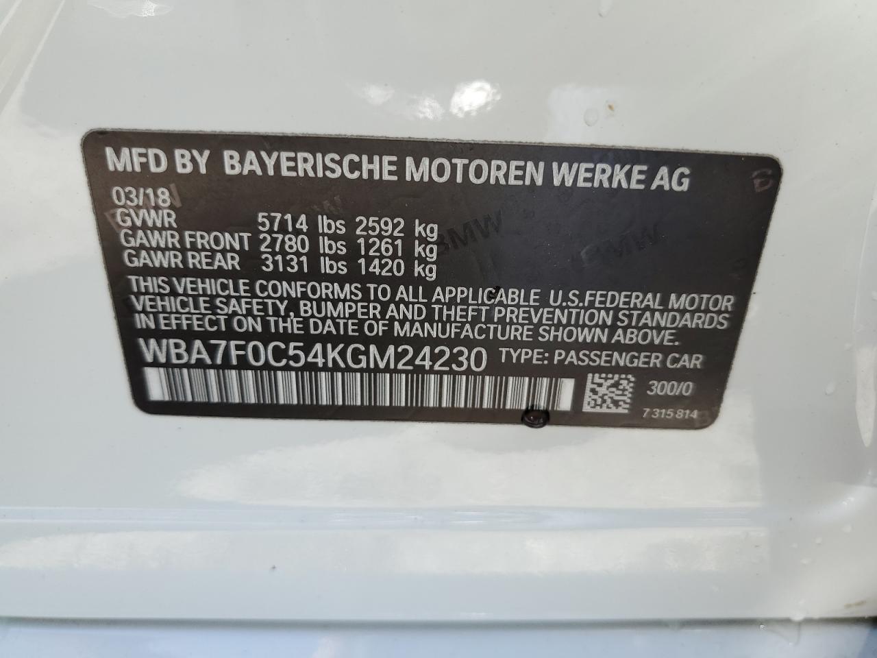 WBA7F0C54KGM24230 2019 BMW 750 I