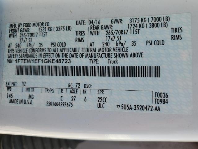 2016 Ford F150 Supercrew VIN: 1FTEW1EF1GKE48723 Lot: 55106244