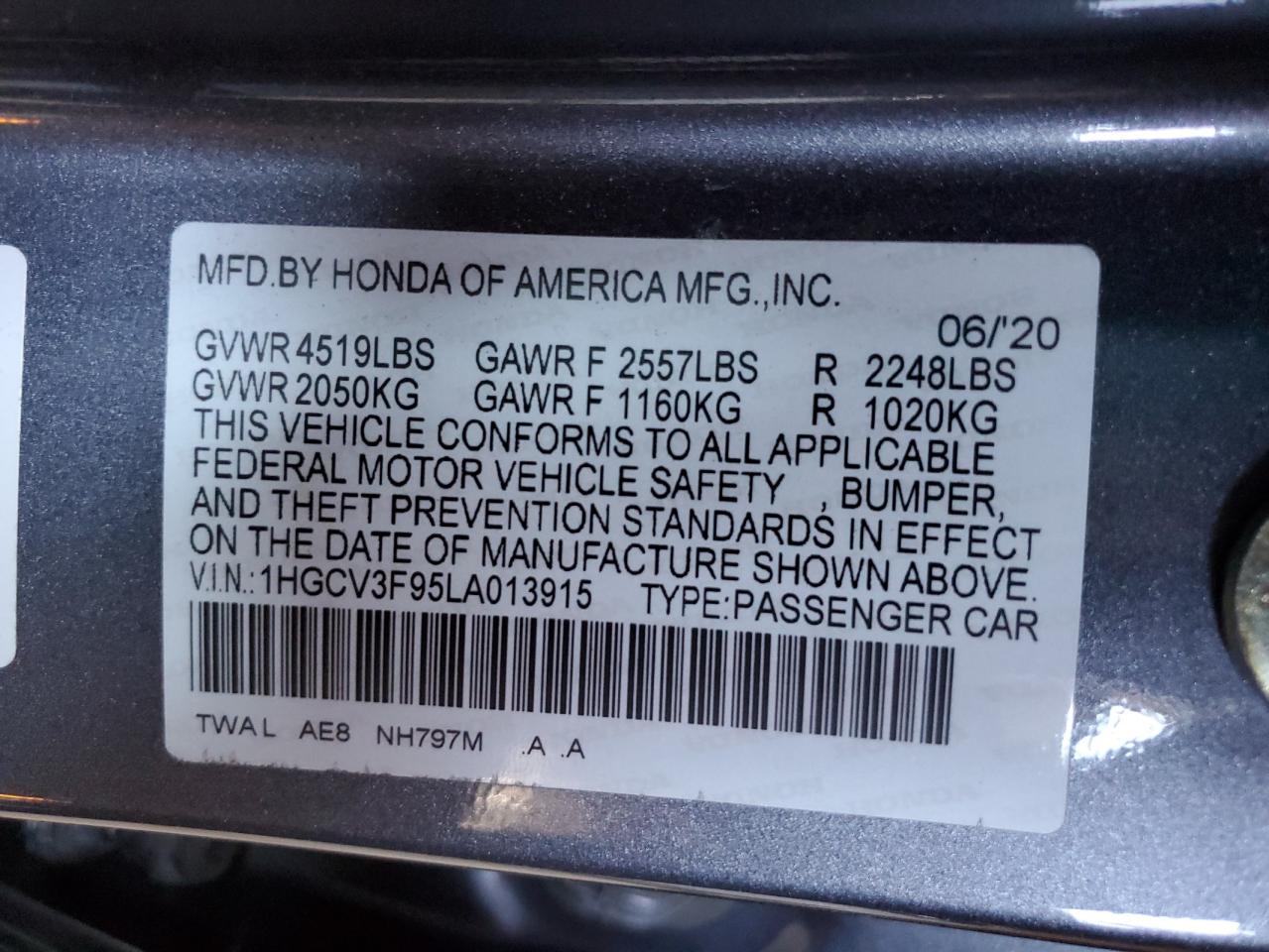 1HGCV3F95LA013915 2020 Honda Accord Touring Hybrid