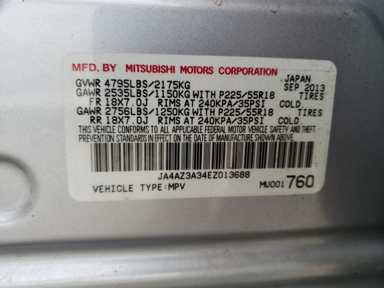 JA4AZ3A34EZ013688 2014 Mitsubishi Outlander Se