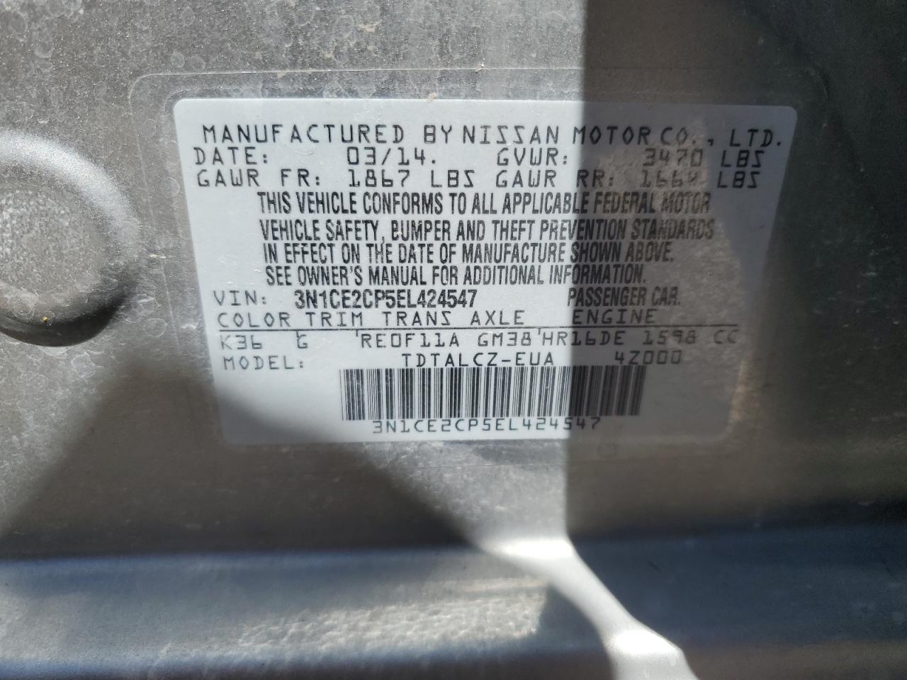 3N1CE2CP5EL424547 2014 Nissan Versa Note S