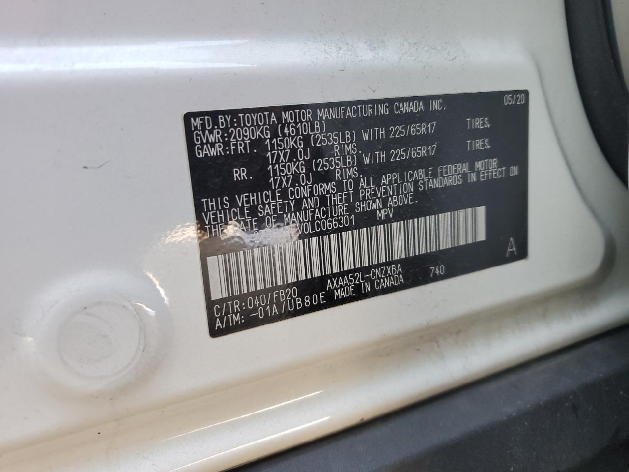 2T3H1RFV0LC066301 2020 Toyota Rav4 Le